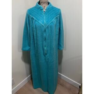 Vintage Fuzzy Teal Housecoat Robe Zip Up Nightgown Size Medium